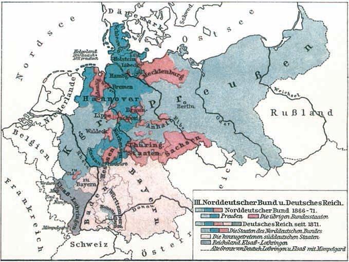 Kartenausschnitt mit den ehemaligen Landesgrenzen des Norddeutschen Bundes