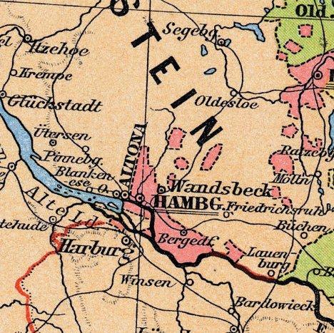 Kartenausschnitt mit den ehemaligen Landesgrenzen Bergedorfs