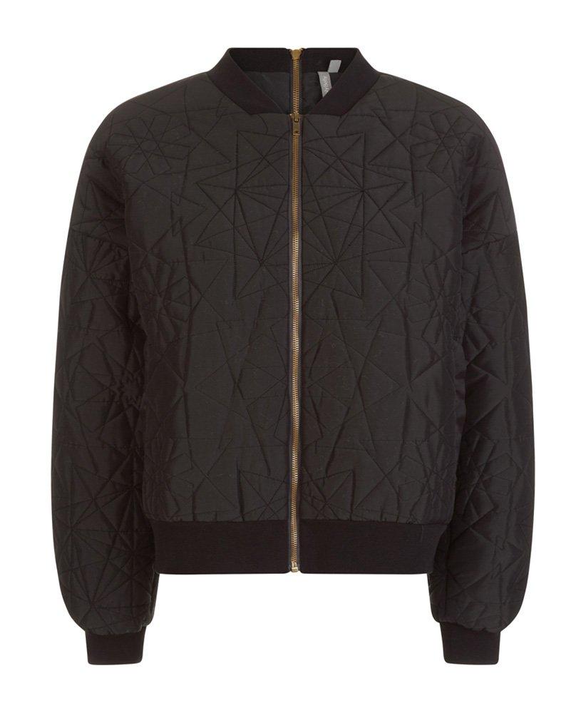 Classic bomber style jacket with all-over embroidery. The oversized blouson sleeves, quilted effect, ribbed hem and front and back zippers are seriously cool. Throw on over loose tees and tailored pants for effortless style with an edge.