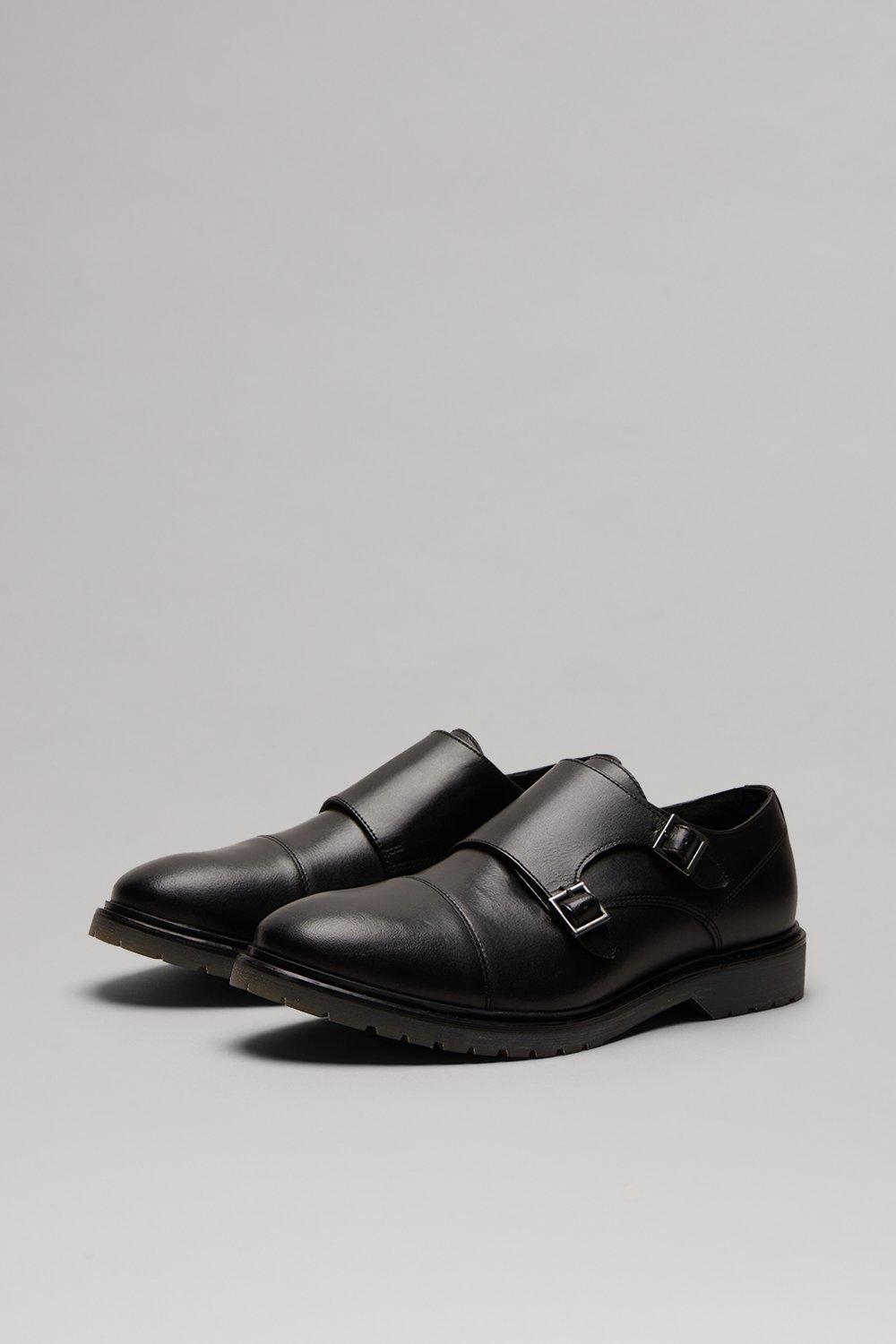 Mens Black Monk Strap Shoes With Chunky Sole - 6