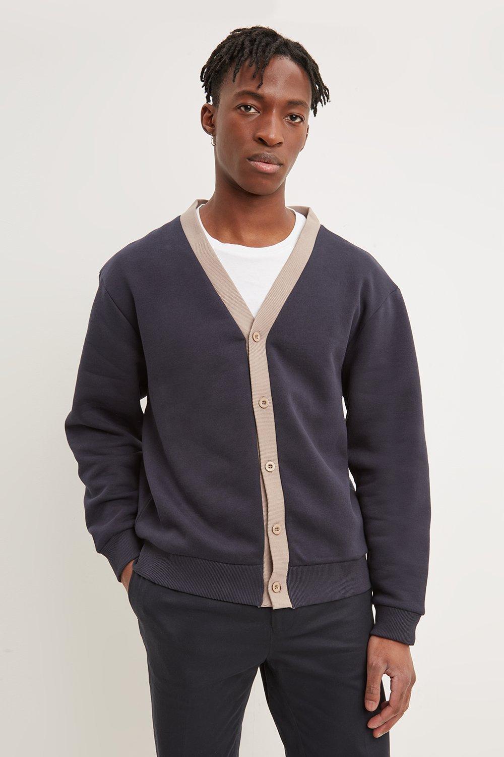 Mens Relaxed Fit Contrast Jersey Cardigan - Navy - S