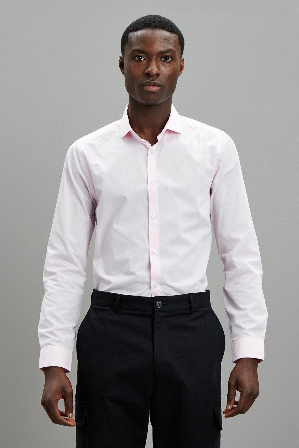 Mens Skinny Fit Pink Easy Iron Shirt - S