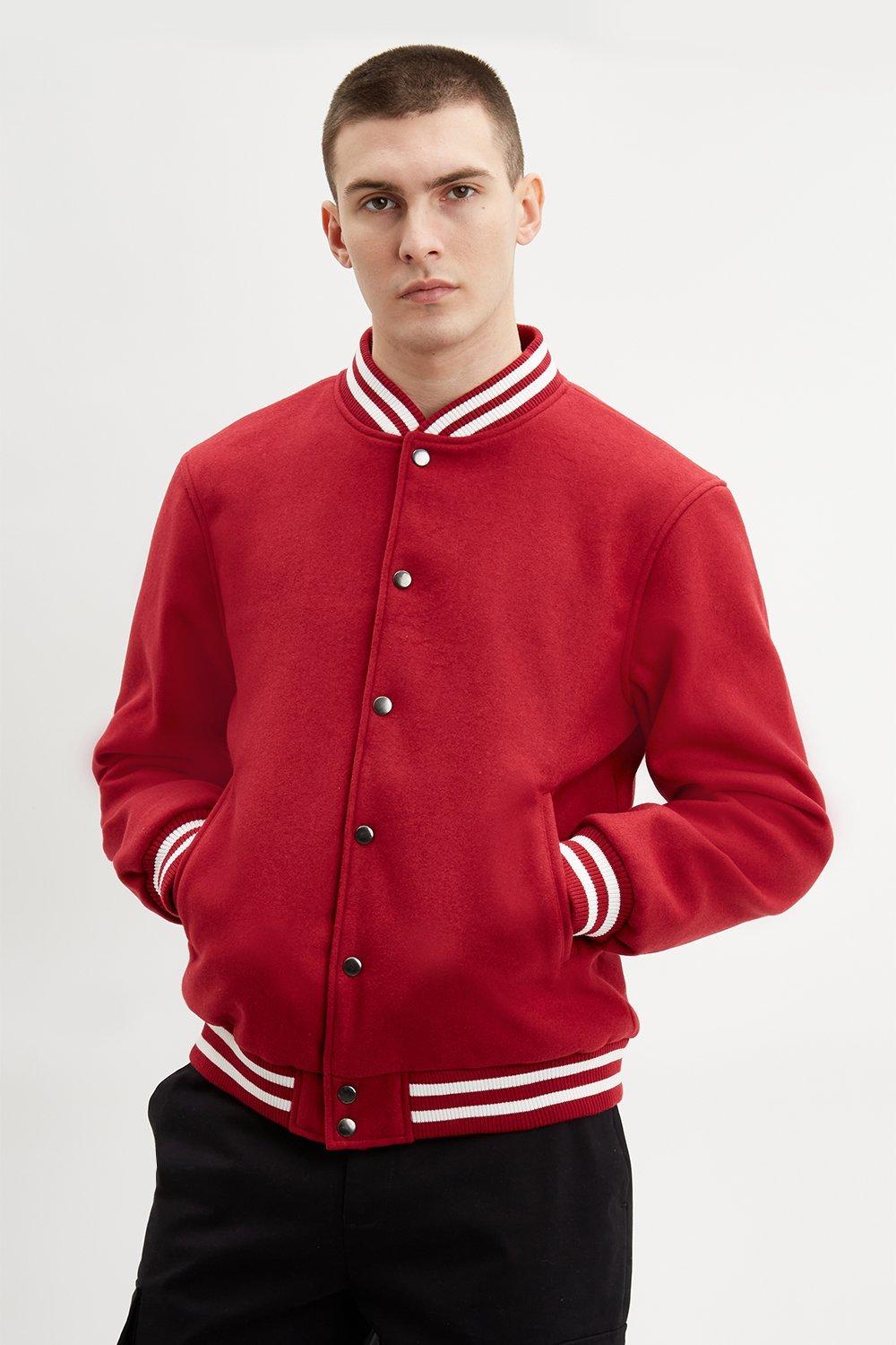Click to view product details and reviews for Mens Striped Rib Varsity Jacket Red Xl.