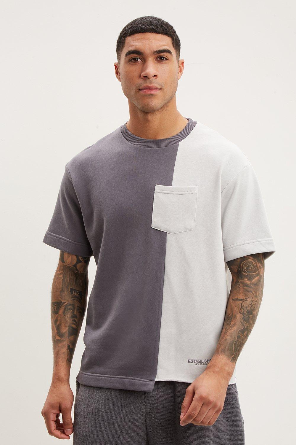 Mens Relaxed Fit Blocked Pocket T-Shirt - Ice Grey - M