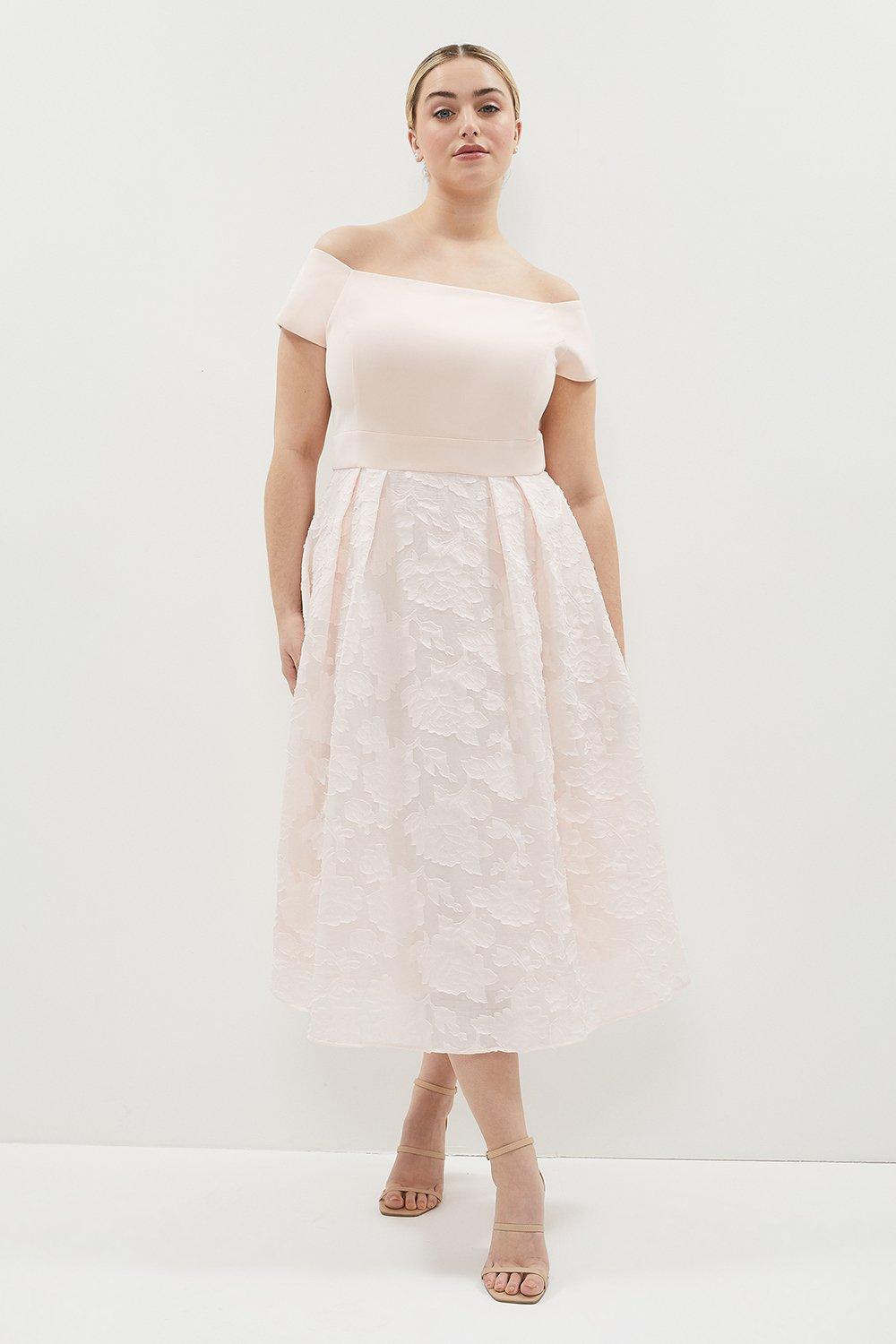 Plus Size Bardot Neck Embroidered Midi Dress