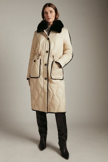 Long Faux Fur Collared Quilted Coat