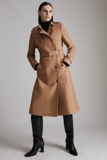 Karen Millen Camel Classic Wool Belt Wrap Tailored Military Winter Coat 8 to 16 