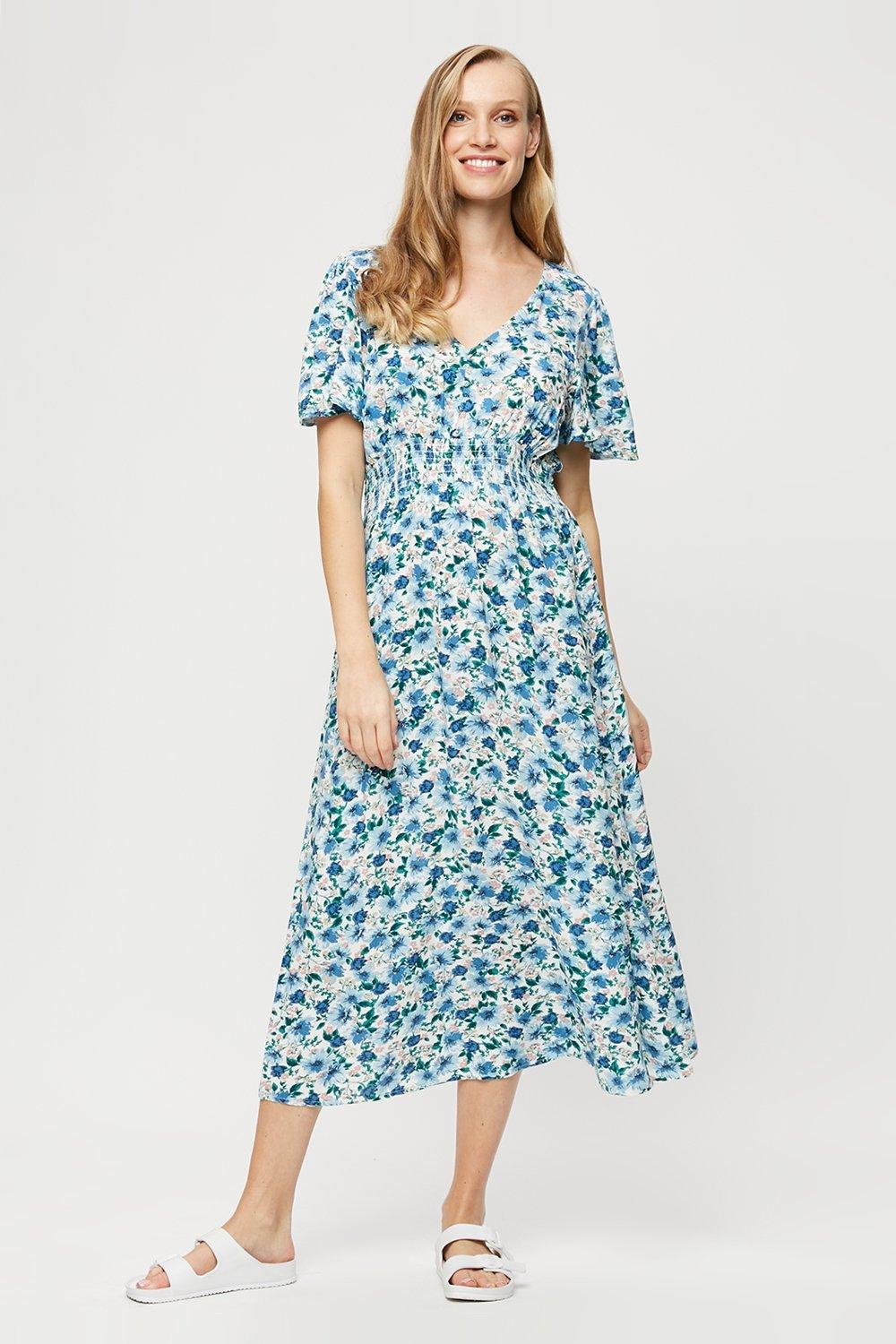 Click to view product details and reviews for Womens Maternity Blue Floral Shirred Waist Dress 10.