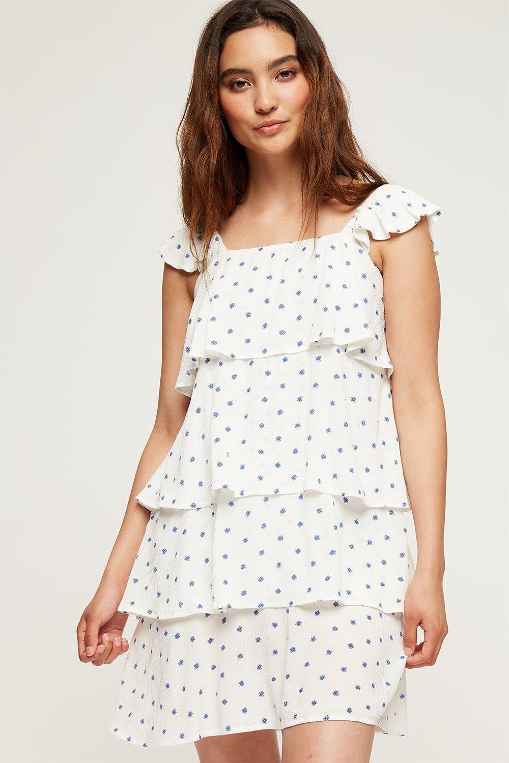 Click to view product details and reviews for Womens Petite White Blue Mini Spot Tiered Dress 12.