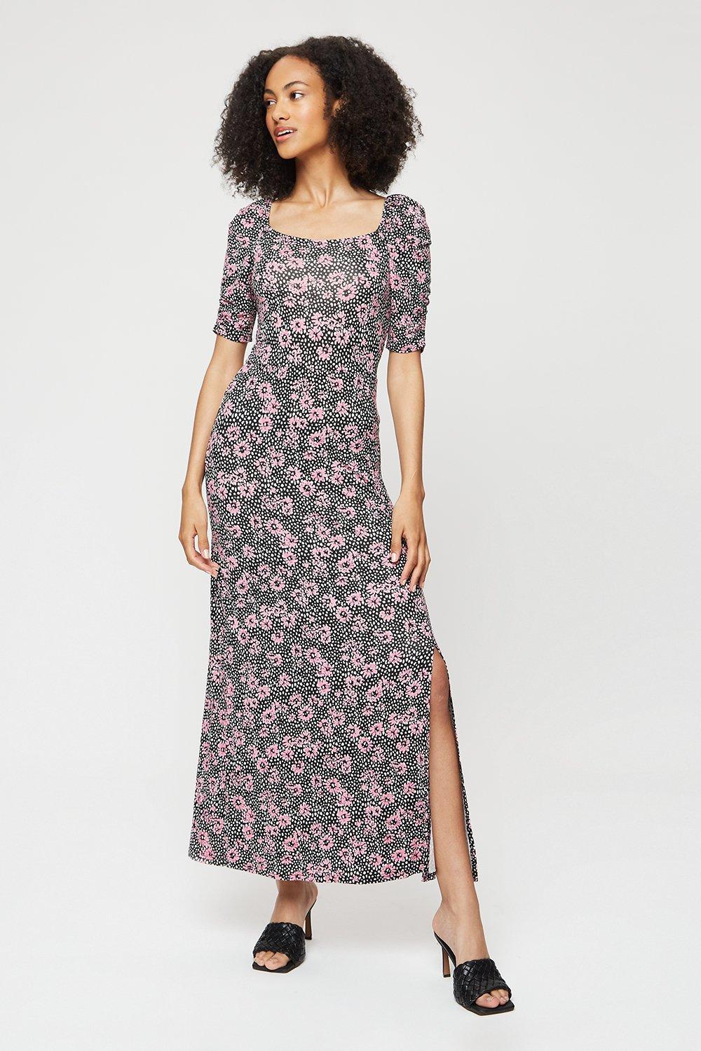 Click to view product details and reviews for Womens Tall Navy Base Pink Floral Square Neck Midi Multi 18.