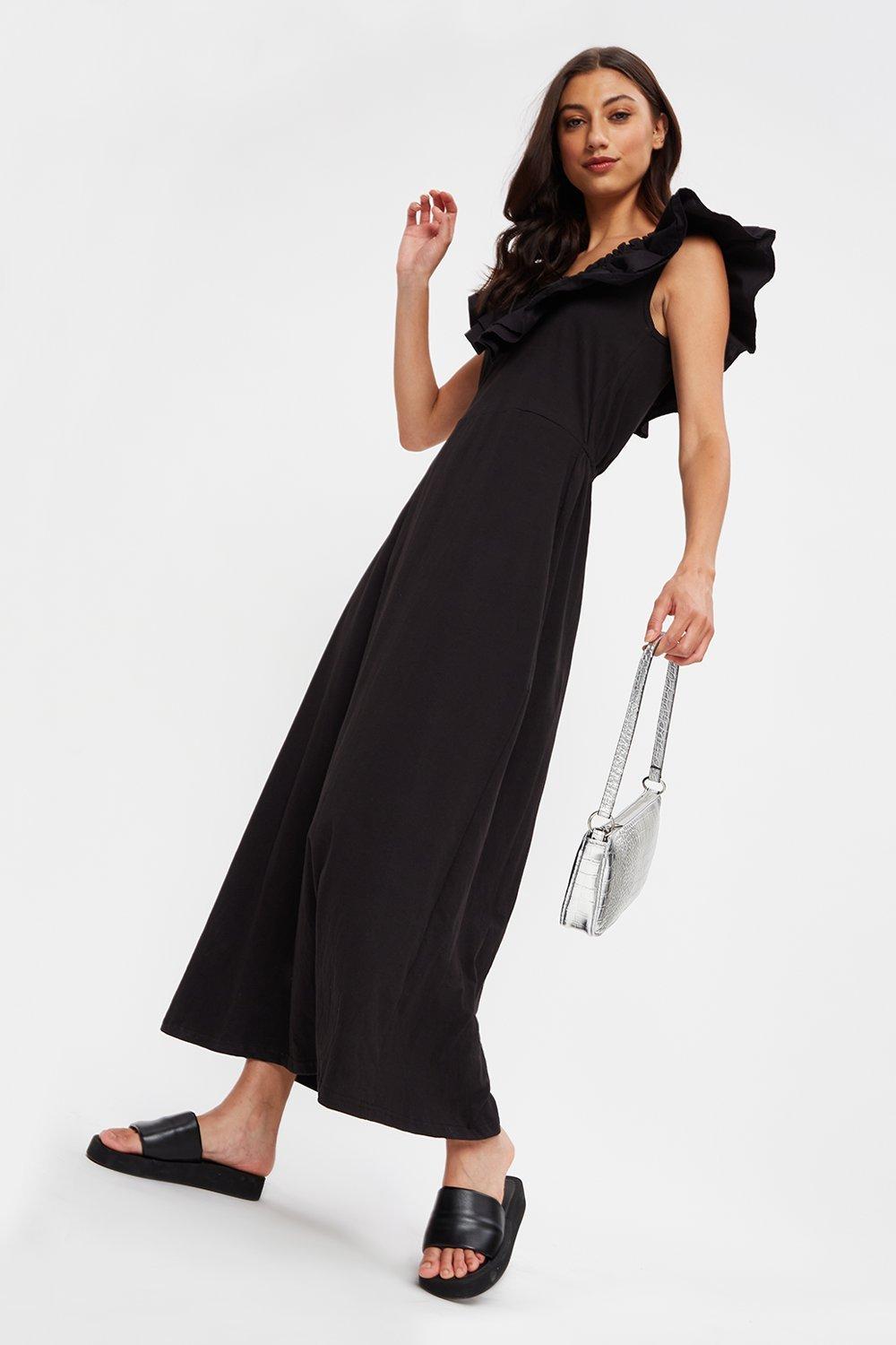 Click to view product details and reviews for Womens Tall V Neck Frill Midi Dress Black 12.