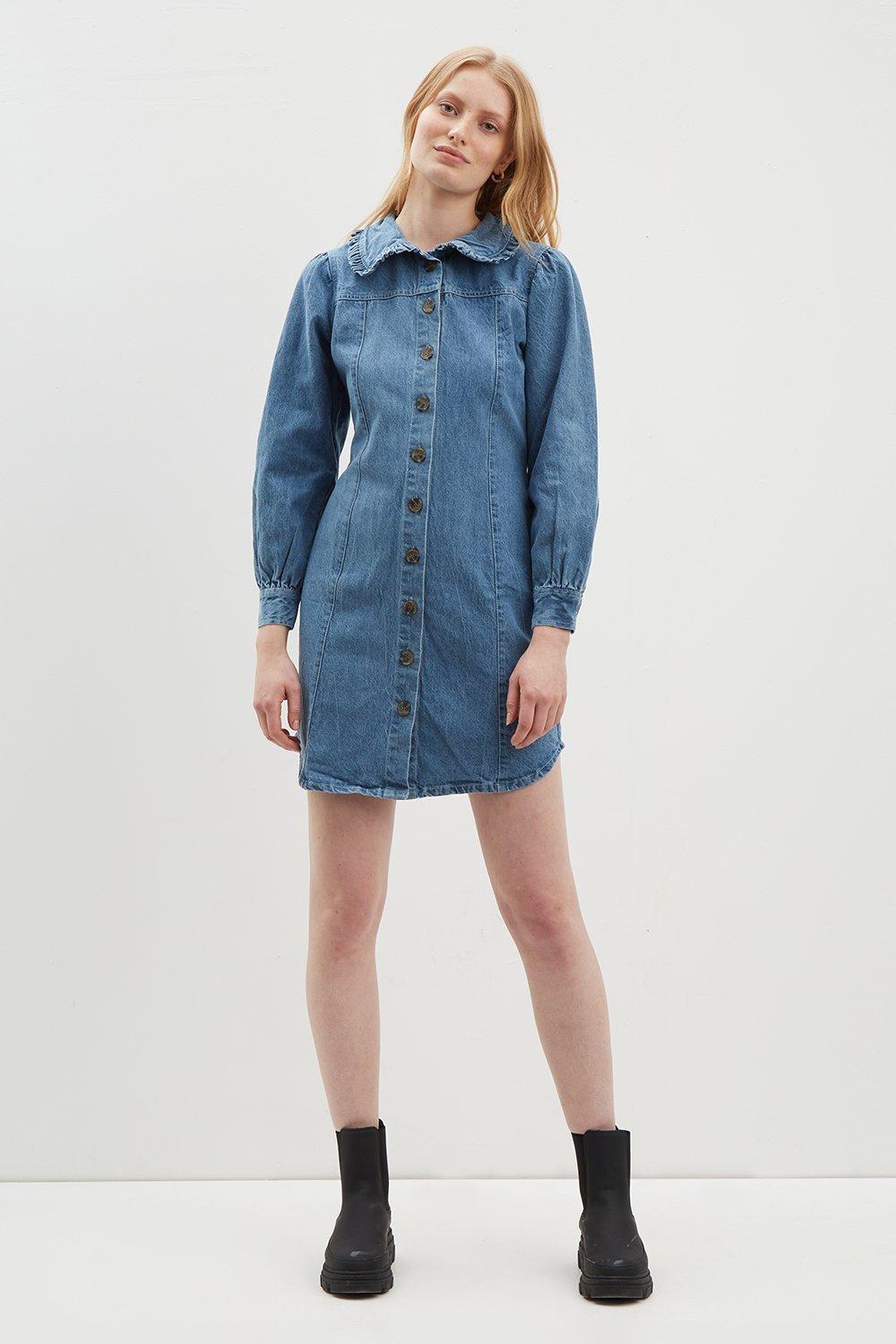 Click to view product details and reviews for Womens Long Sleeve Statement Collar Denim Dress Mid Wash 16.