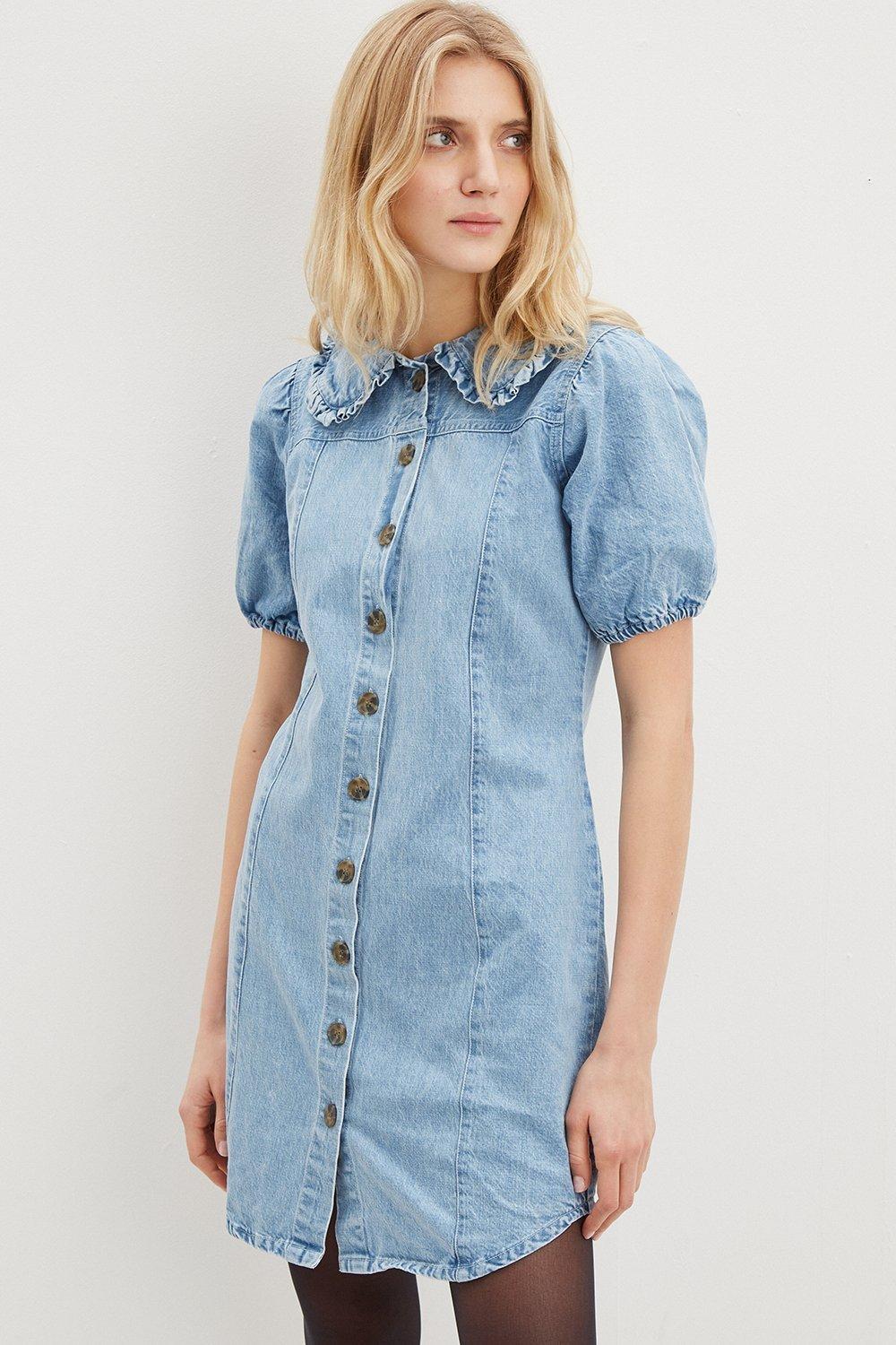 Click to view product details and reviews for Womens Short Sleeve Statement Collar Denim Dress Mid Wash 6.