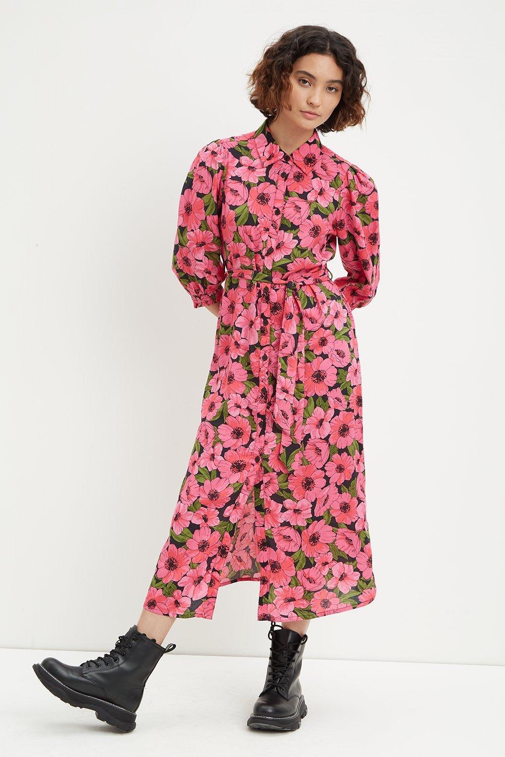 Click to view product details and reviews for Womens Petite Pink And Green Floral Midi Shirt Dress 16.