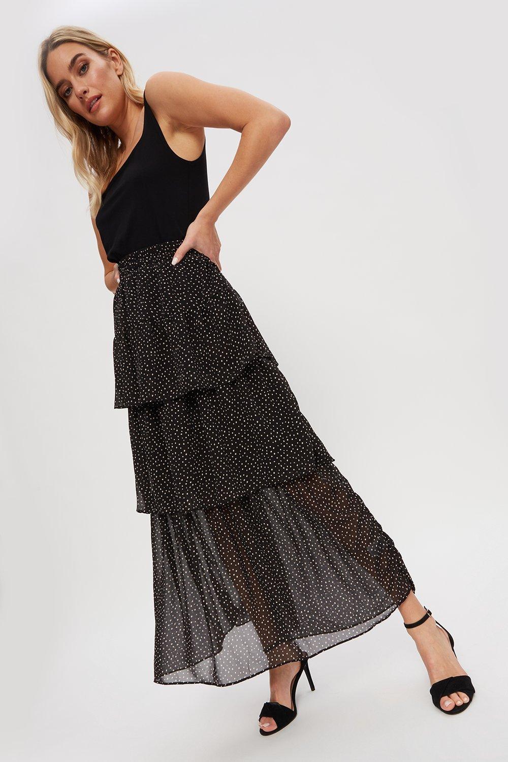 Click to view product details and reviews for Womens Black Spot Tiered Chiffon Midi Skirt 12.