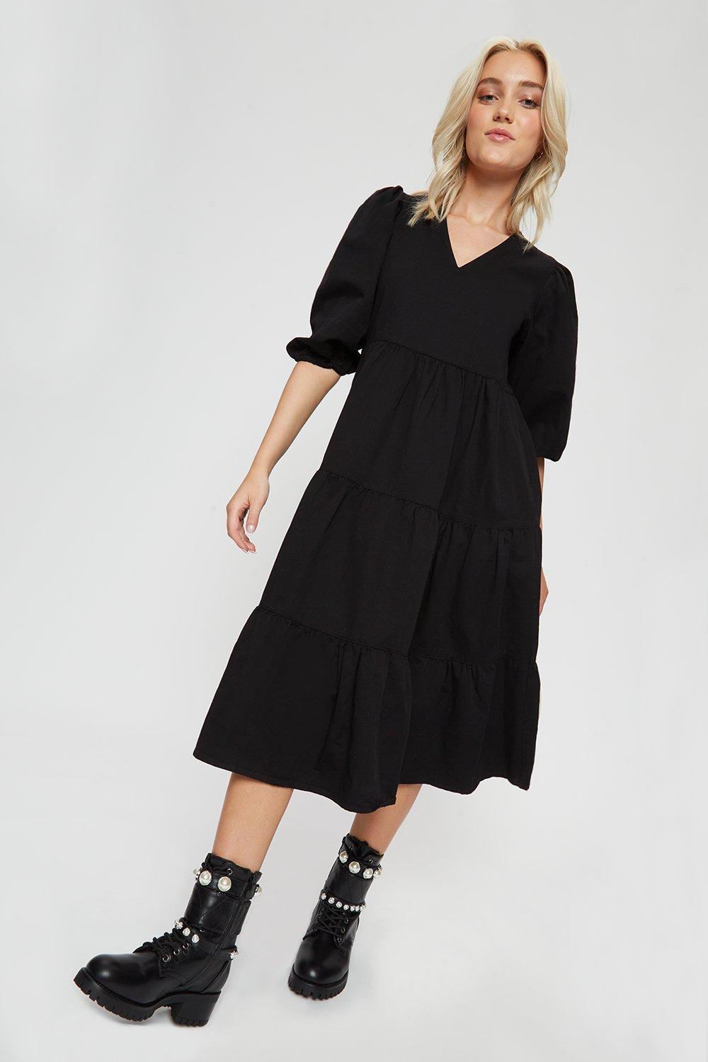 Click to view product details and reviews for Womens Petite V Neck Tiered Denim Midi Dress Black 8.