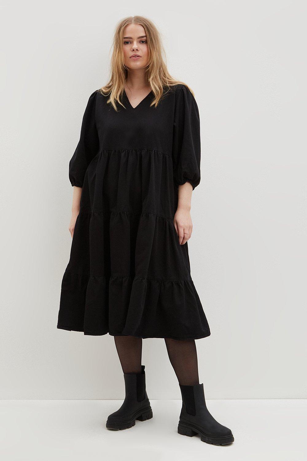 Click to view product details and reviews for Womens Curve Denim V Neck Tiered Midi Dress Black 18.