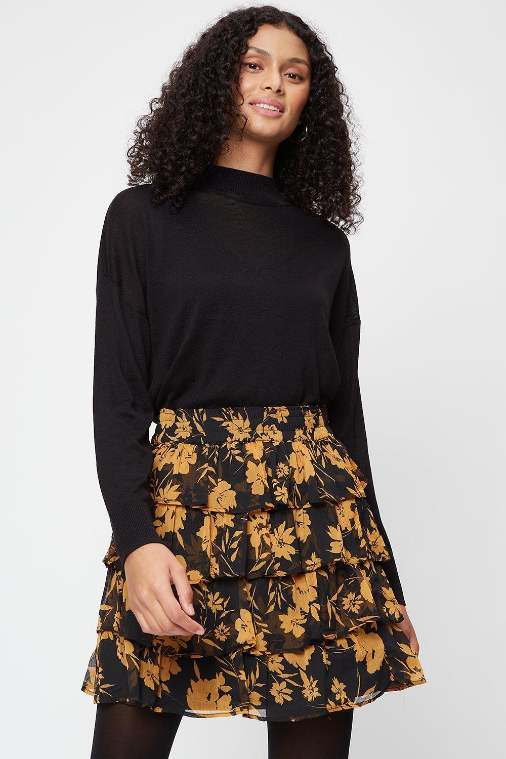 Click to view product details and reviews for Womens Ochre Floral Tiered Chiffon Mini Skirt 10.