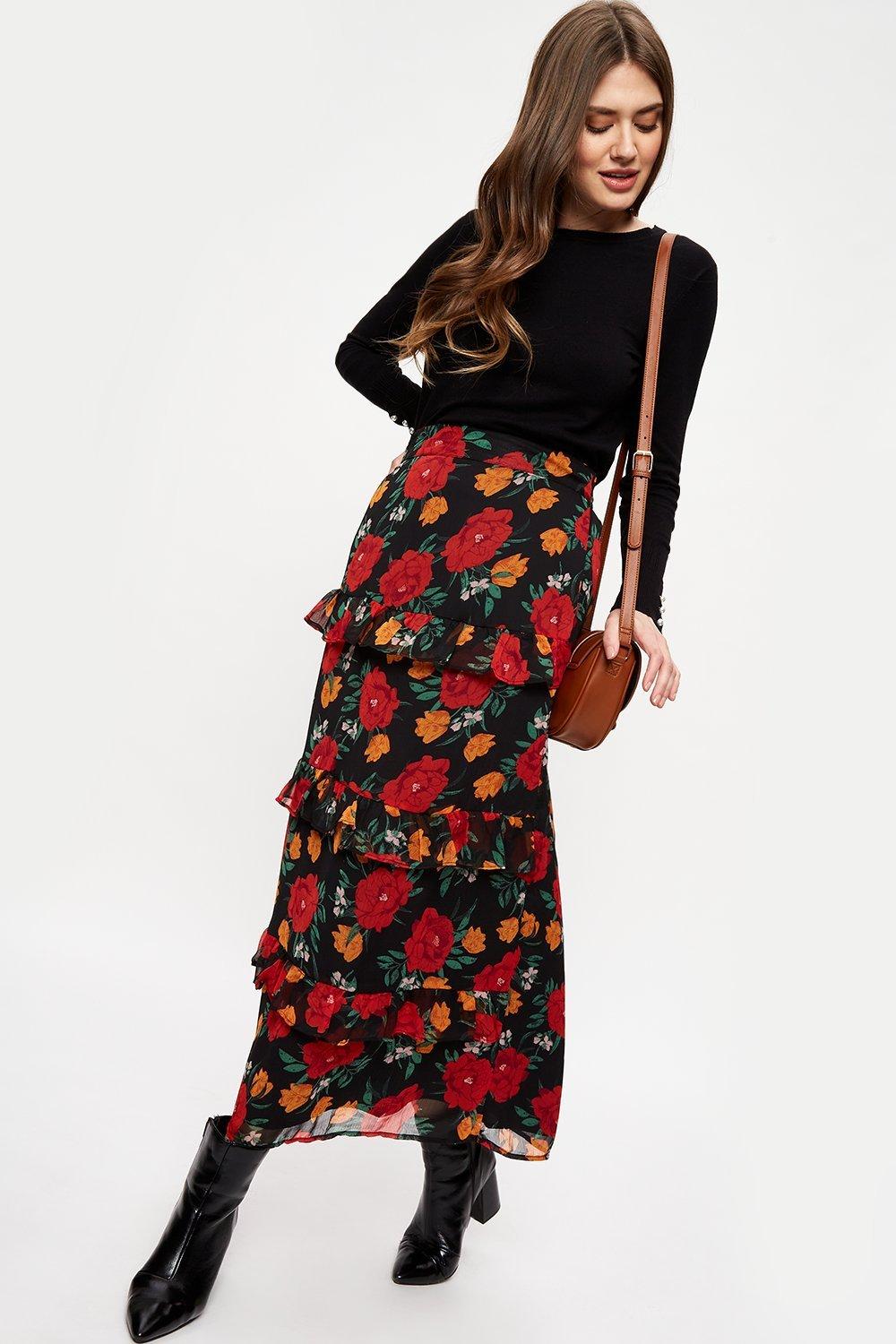 Click to view product details and reviews for Womens Tall Red Rose Chiffon Ruffle Midi Skirt 20.