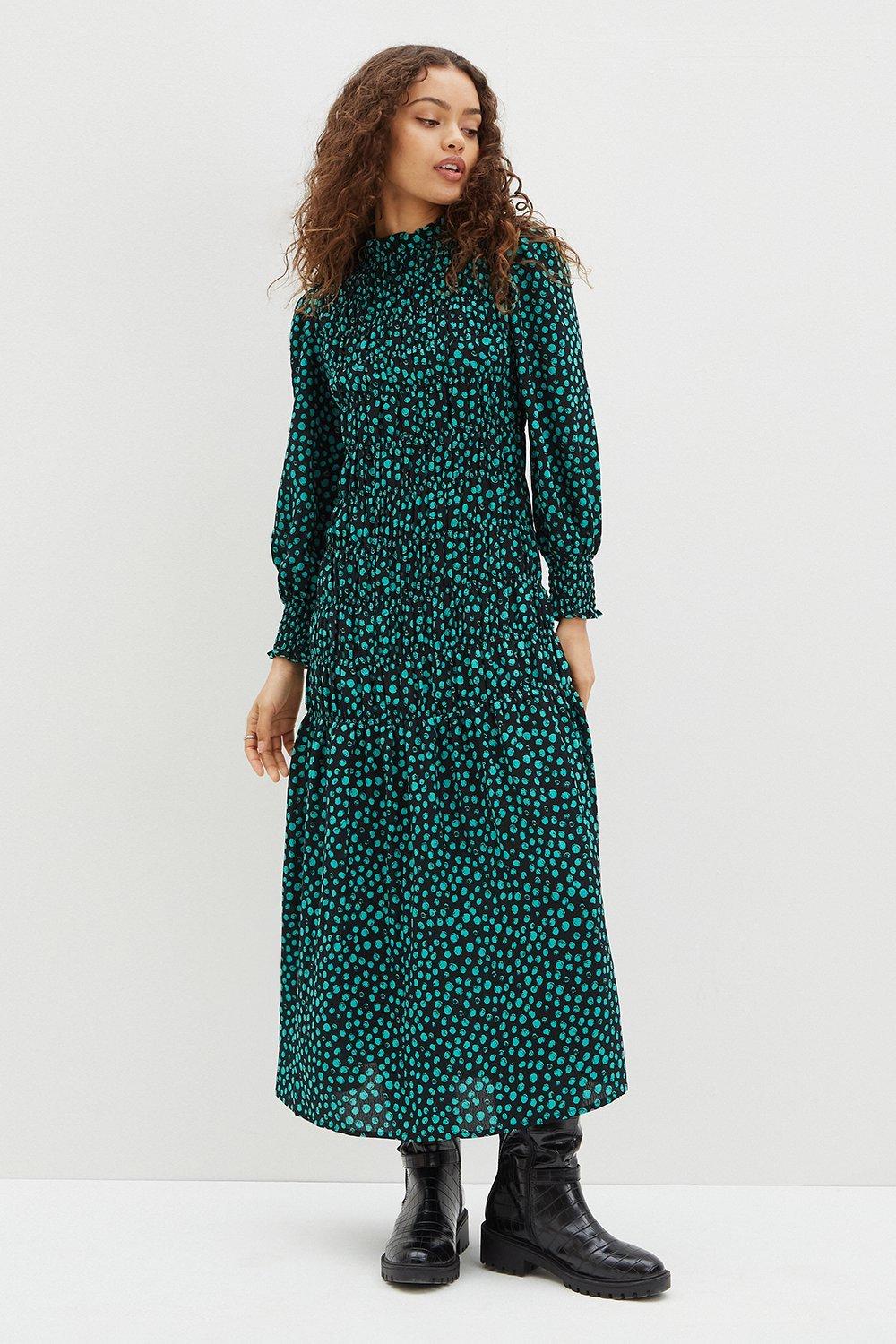 Click to view product details and reviews for Womens Petite Green Spot Shirred Midi Dress Black 4.