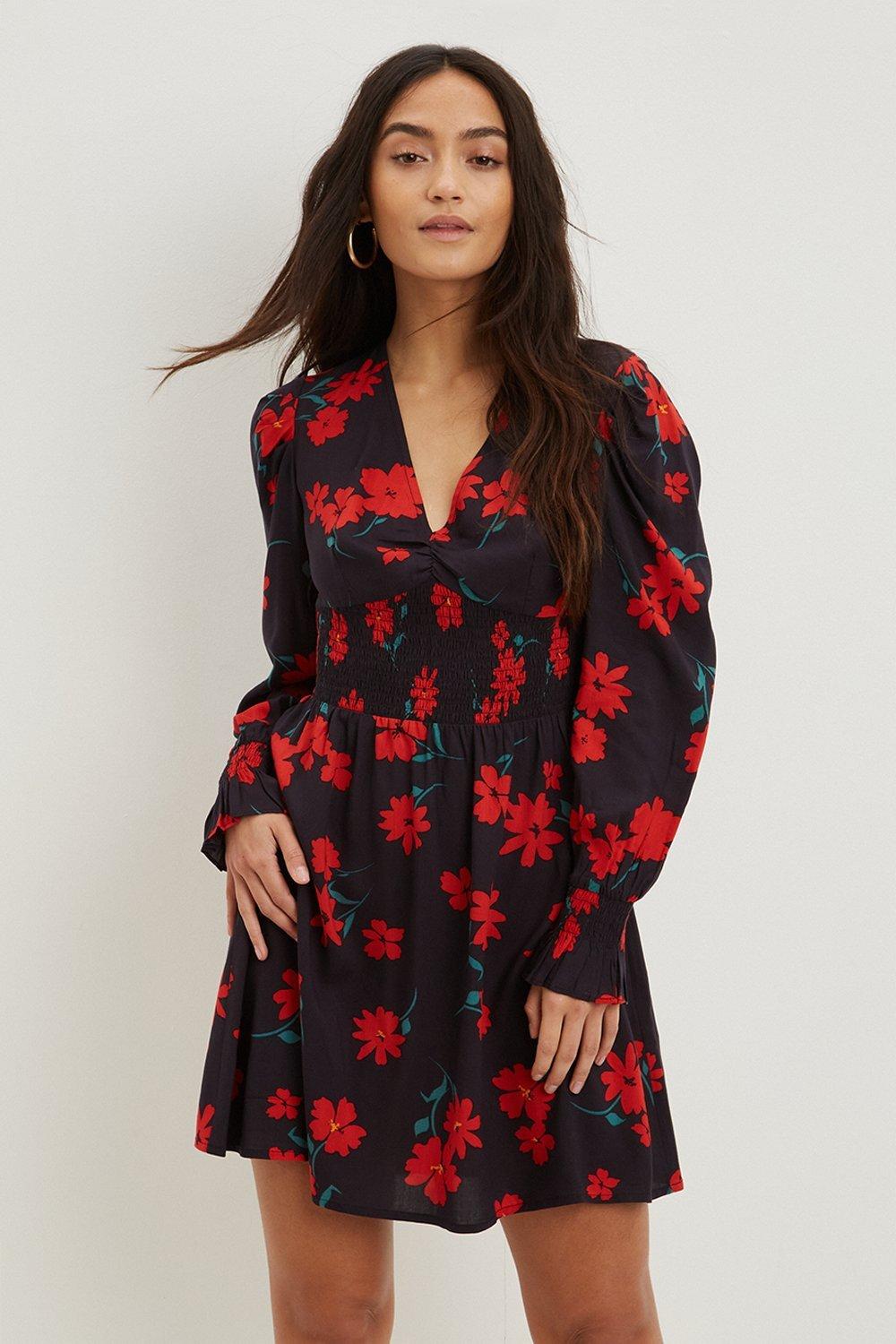 Click to view product details and reviews for Womens Petite Red Spaced Floral Ruched Front Mini Black 12.