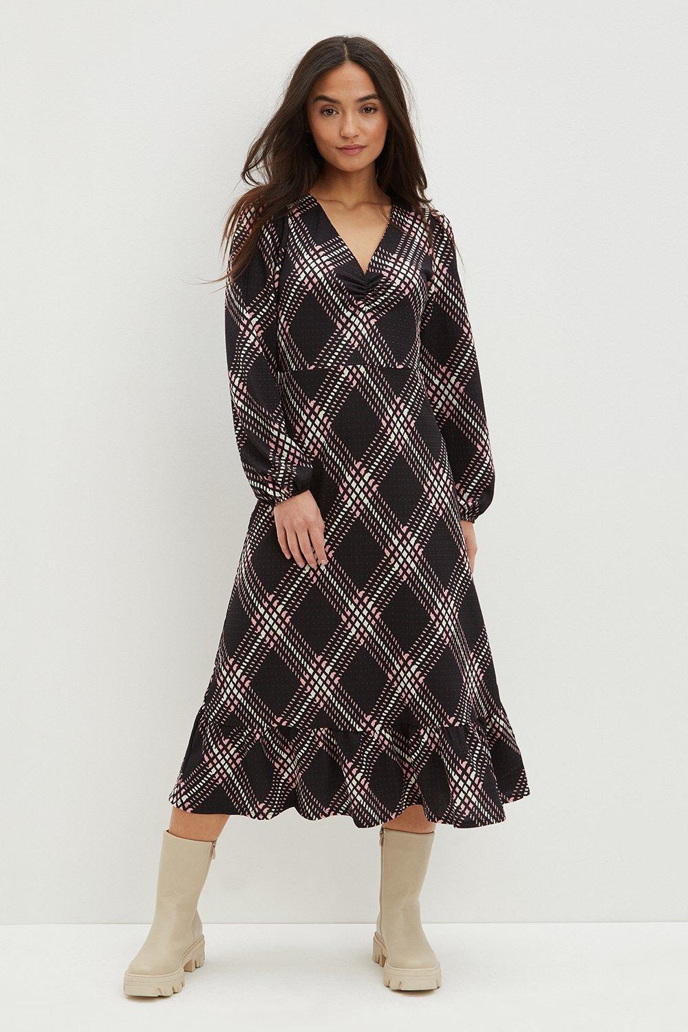 Womens Tall Pink Check Ruched Front Midi Dress