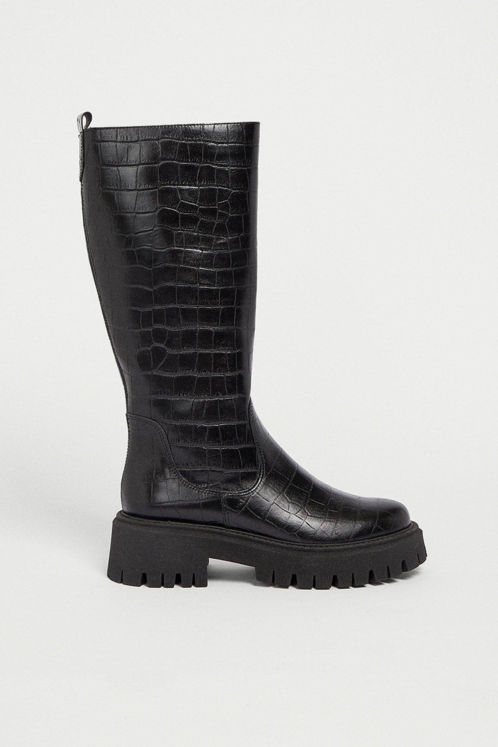 Womens Leather Croc Chunky Knee High Boot