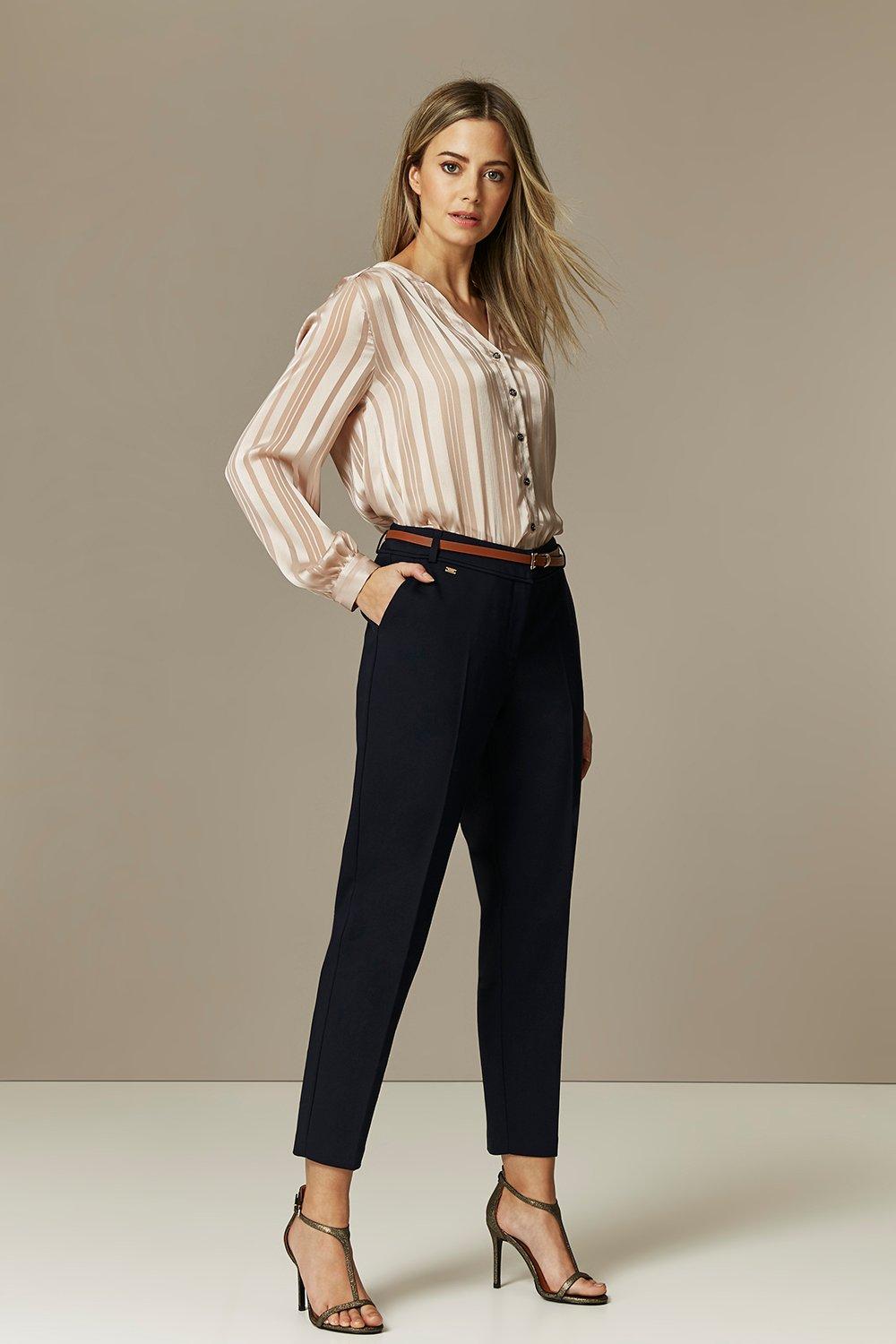 Staple Navy Trousers For Your Work Wardrobe. An Elegant Navy Hue Makes A Sophisticated Change From Regular Black, Whilst Cigarette Leg And Belted Design Mean They'Re&Nbsp;Sure To Flatter. Tuck In A Chic Blouse And Team With Strappy Heels For Desk To Drink