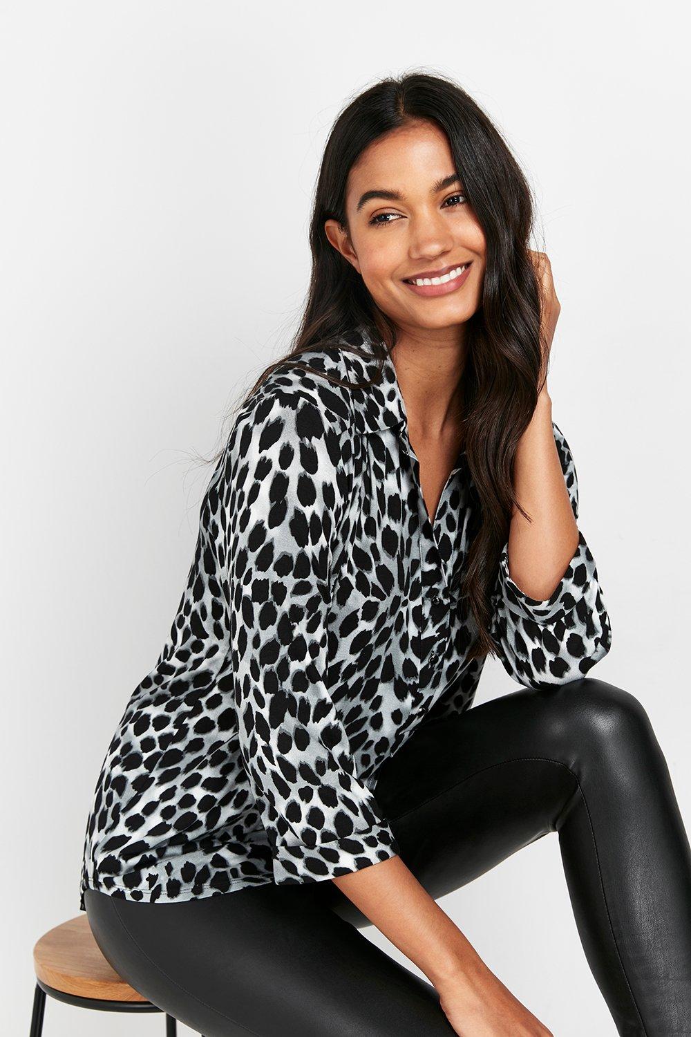 The Stylish Top To Add To Your Collection. Animal Print Is Still A Must-Have, Whilst A Classic Collared Design Gives This A Sophisticated Feel. Keep Things Casual By Styling With Faux-Leather Leggings And White Trainers.  Shirt Collared 3/4 Sleeve Relaxed
