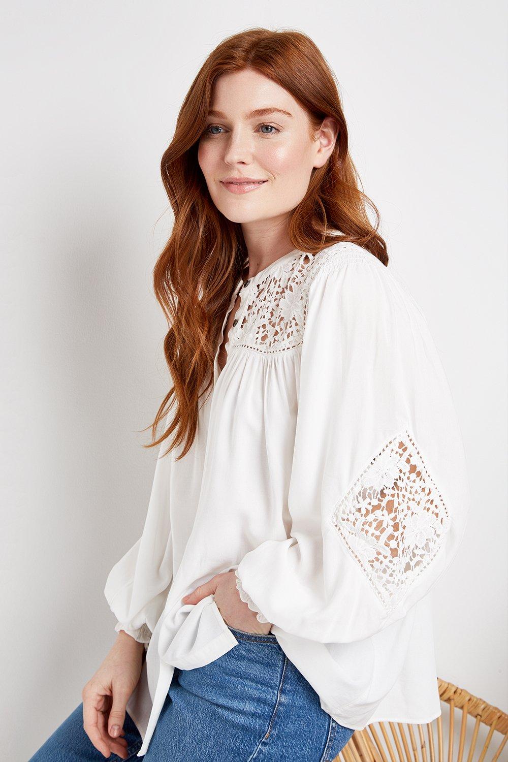 This Elegant Top Is Perfect For Your New Season Wardrobe. Crochet Inserts Bring A Summery Boho Feel, Whilst A Relaxed Fit And Chic White Design Are Sure To Flatter. Wear With Jeans And Trainers For Easy Everyday Style,  Top Long Sleeve Relaxed Casual