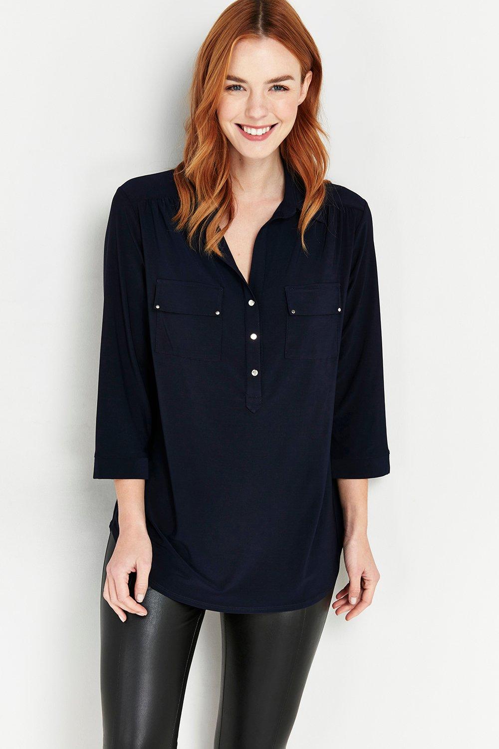 Pick Up A Versatile Staple With This Must-Have Navy Shirt. A Sophisticated Navy Hue, But Relaxed Fit And Jersey Fabric Makes This The Perfect Wear Anywhere Top. Team With Jeans And Trainers For Easy Everyday Style.  Top V-Neck 3/4 Sleeve Relaxed Casual 95