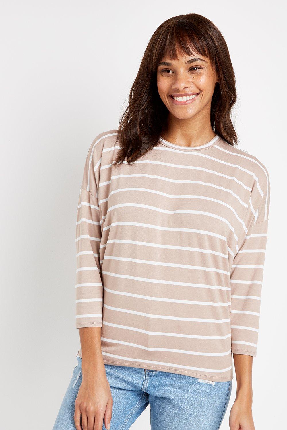 This Classic Striped Top Features A Chic Stone Colourway And Contemporary Batwing Sleeves. Wear With Blue Jeans And Boots For Easy Everyday Style.  Top Round Neck 3/4 Sleeve Relaxed Casual 97% Viscose, 3% Elastane. Machine Washable.