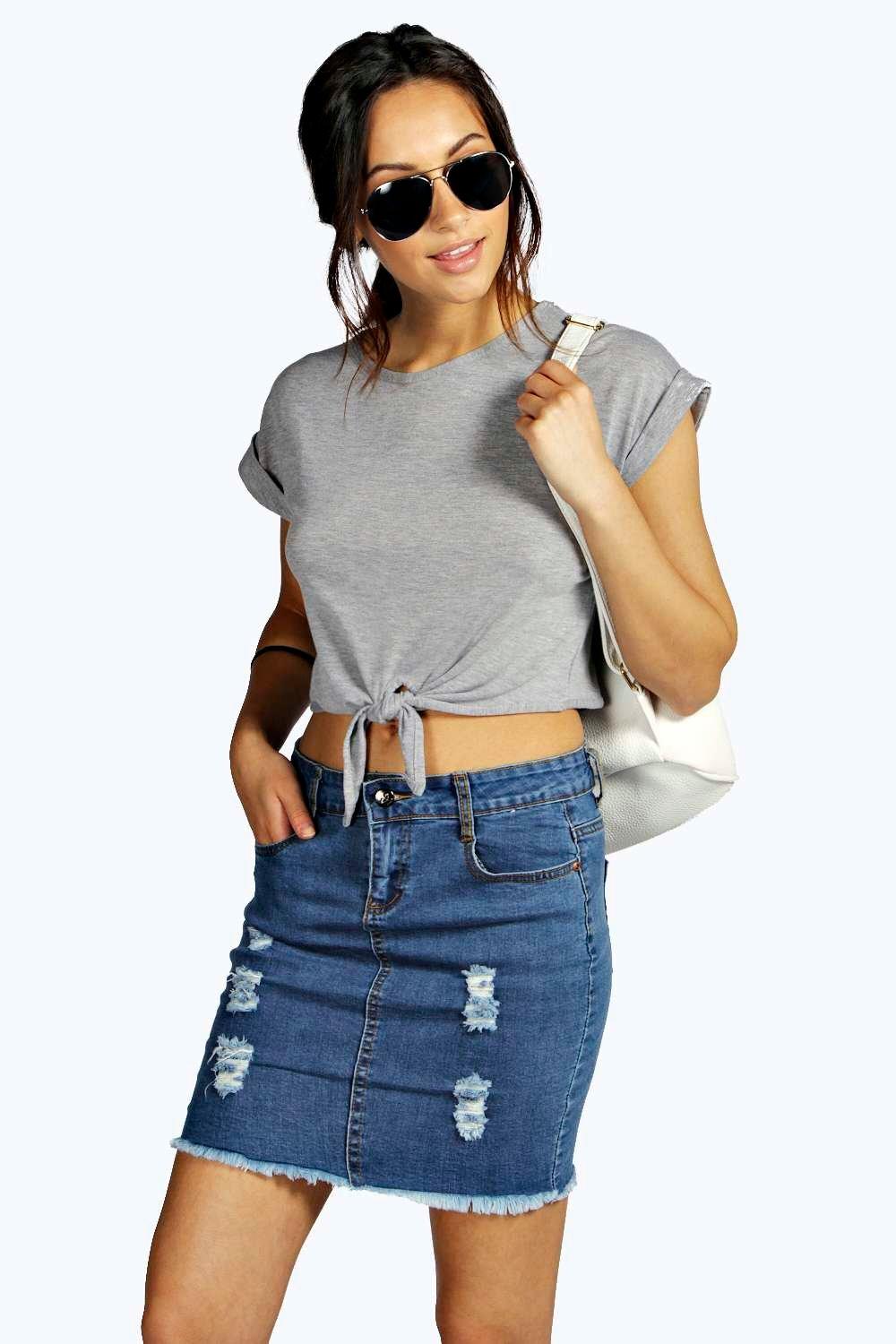 ripped mini denim skirt