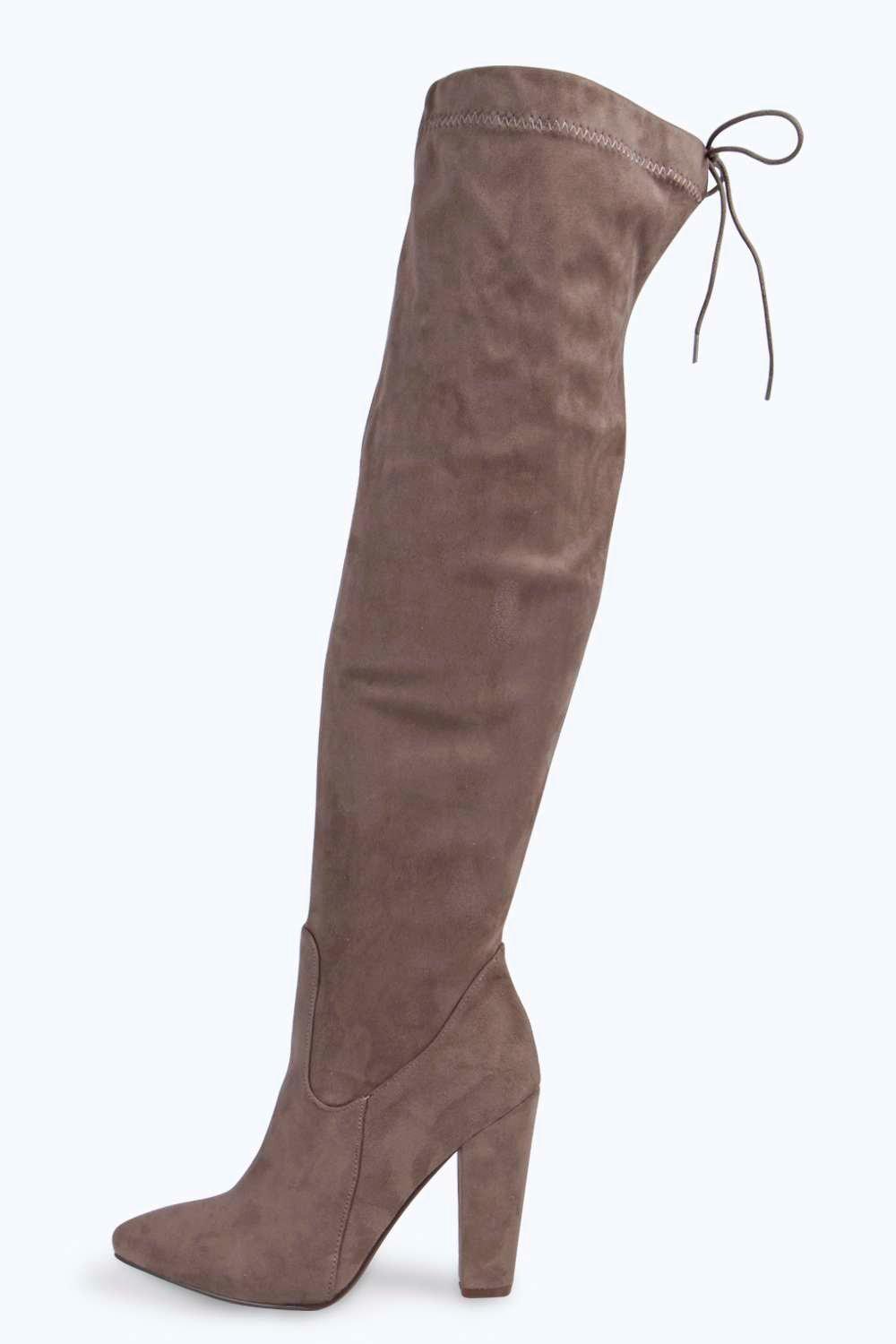 pointed toe block heel knee high boots
