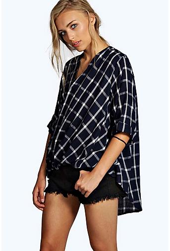 Darcy Grid Check Wrap Front 3/4 Sleeve Blouse