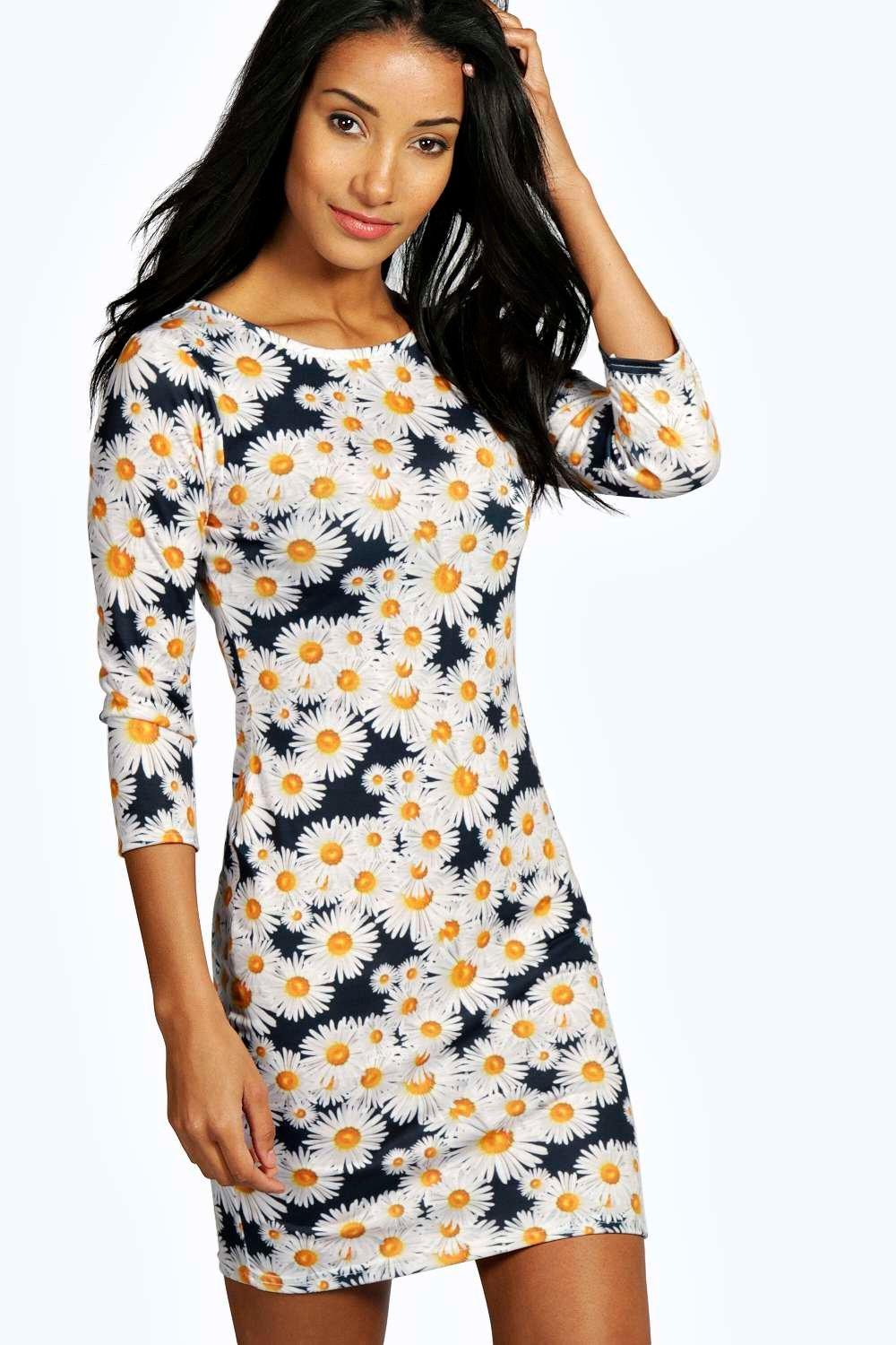 Boohoo femme daisy imprimer manches 3/4 robe moulante en