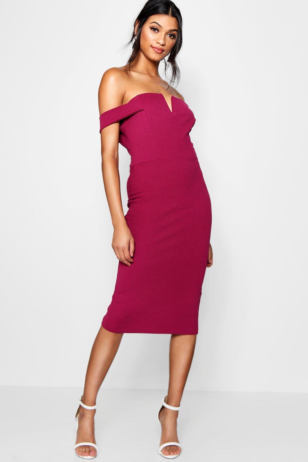 Boohoo Womens Cara Off The Shoulder Midi Bodycon Dress Ebay 