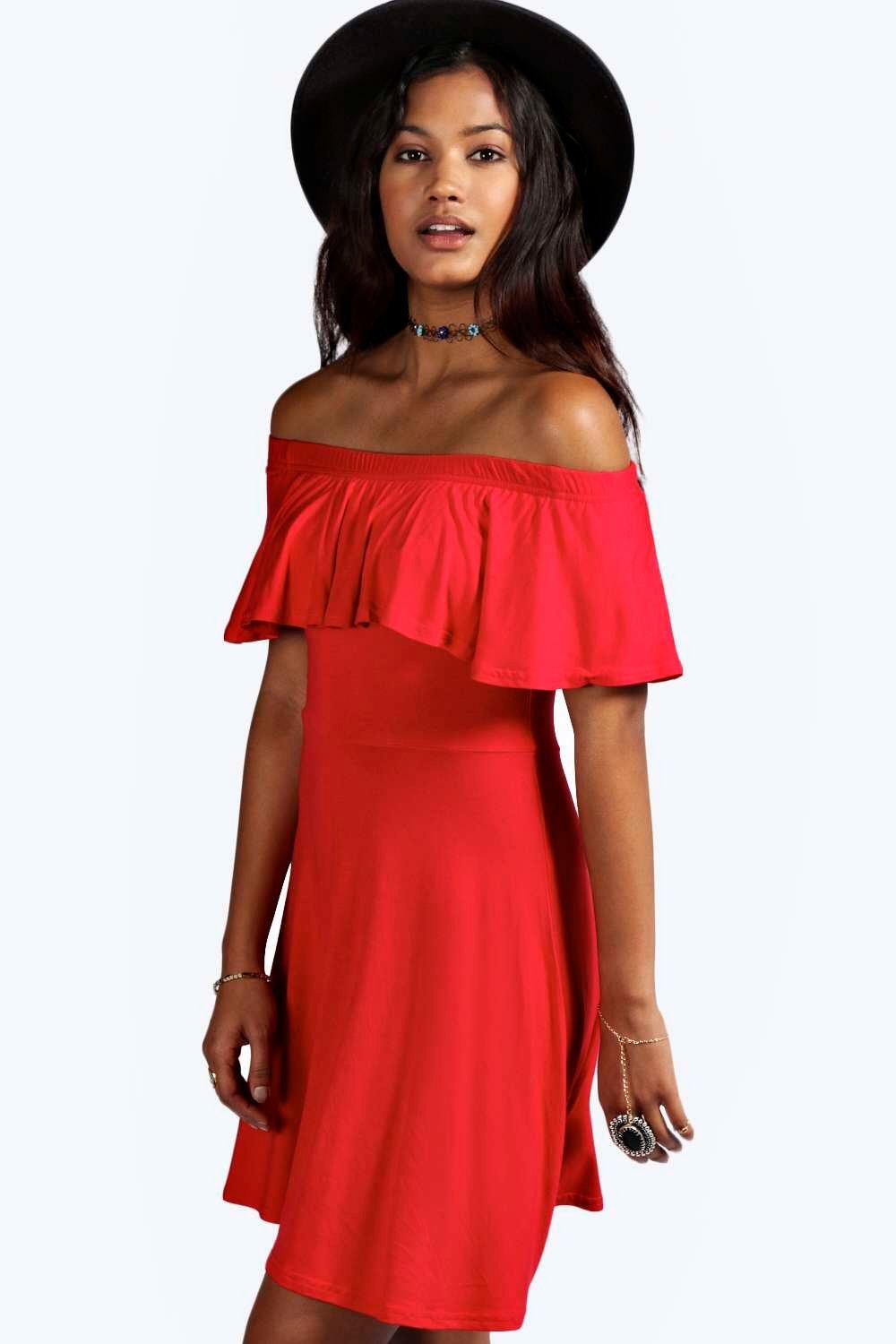 red off the shoulder dress boohoo