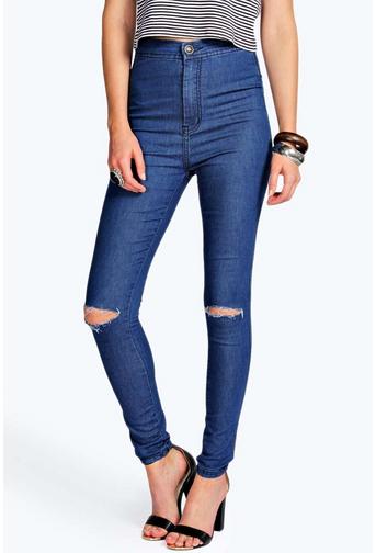Lara High Rise Ripped Knee Tube Jeans