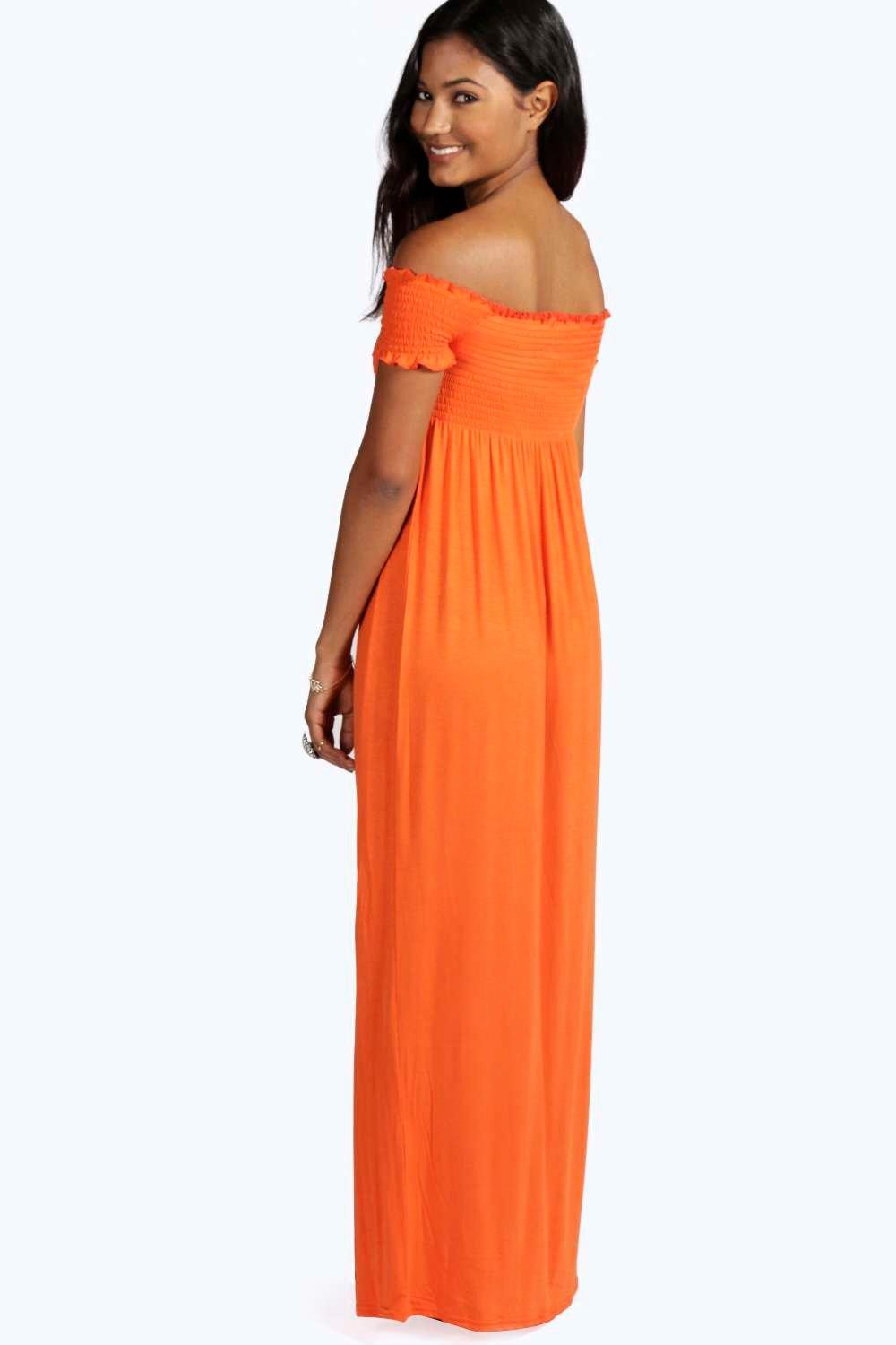Boohoo Womens Sally Shirred Off The Shoulder Maxi Dress | eBay