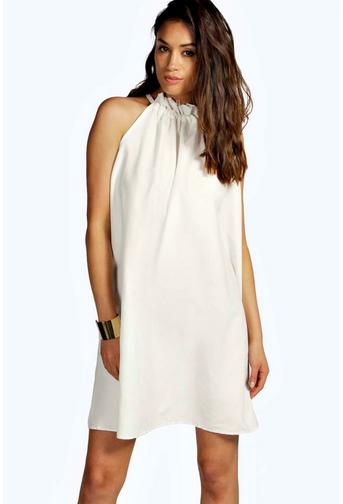 Carly Woven Drawstring Neck Trapeze Dress