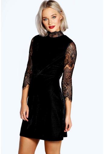 Riona High Neck Lace and Velvet Bodycon Dress