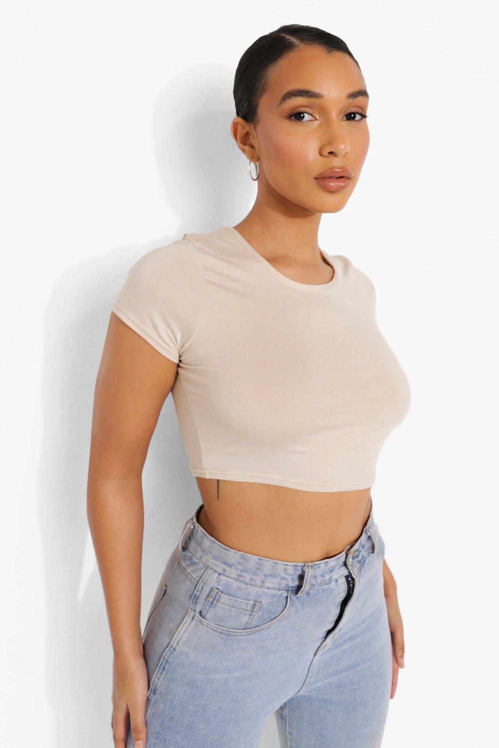 Boohoo Basic Crop Top Met Korte Mouwen, Stone
