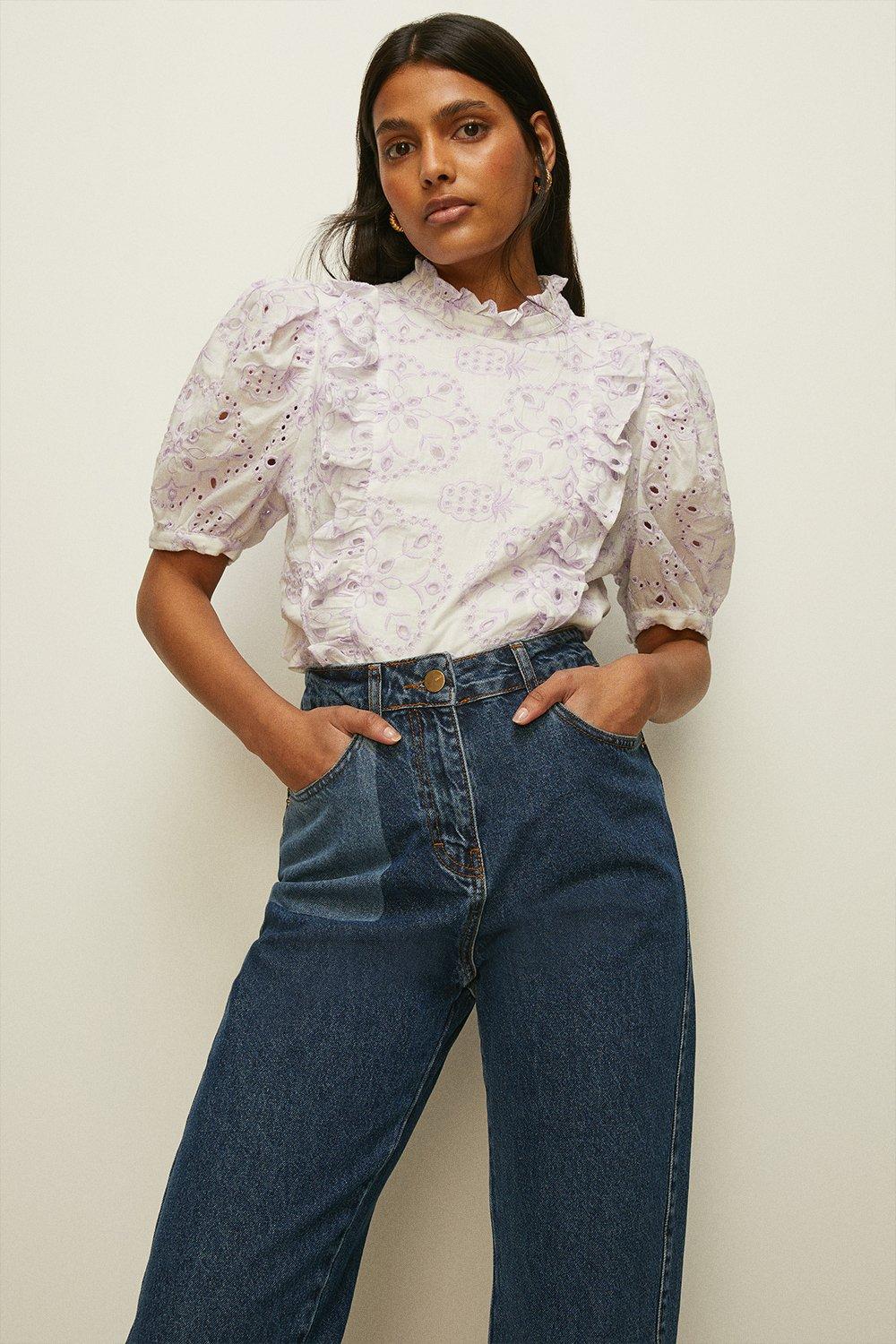 Contrast Lilac Cotton Broderie Ruffle Top