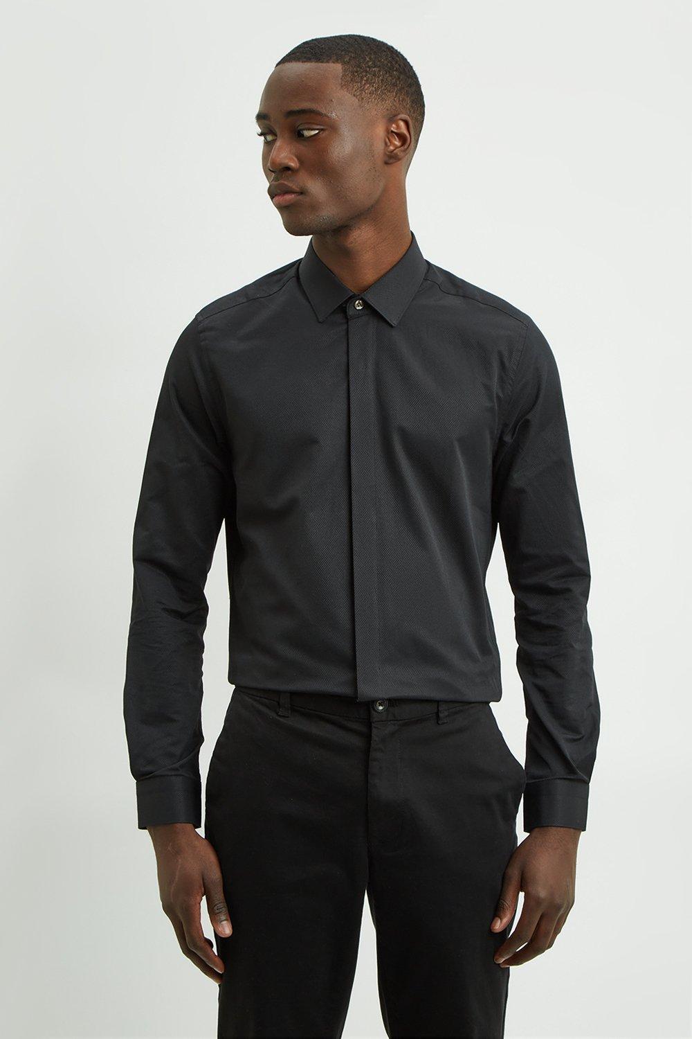 Mens Slim Concealed Placket Contrast Button Shirt - Black - S