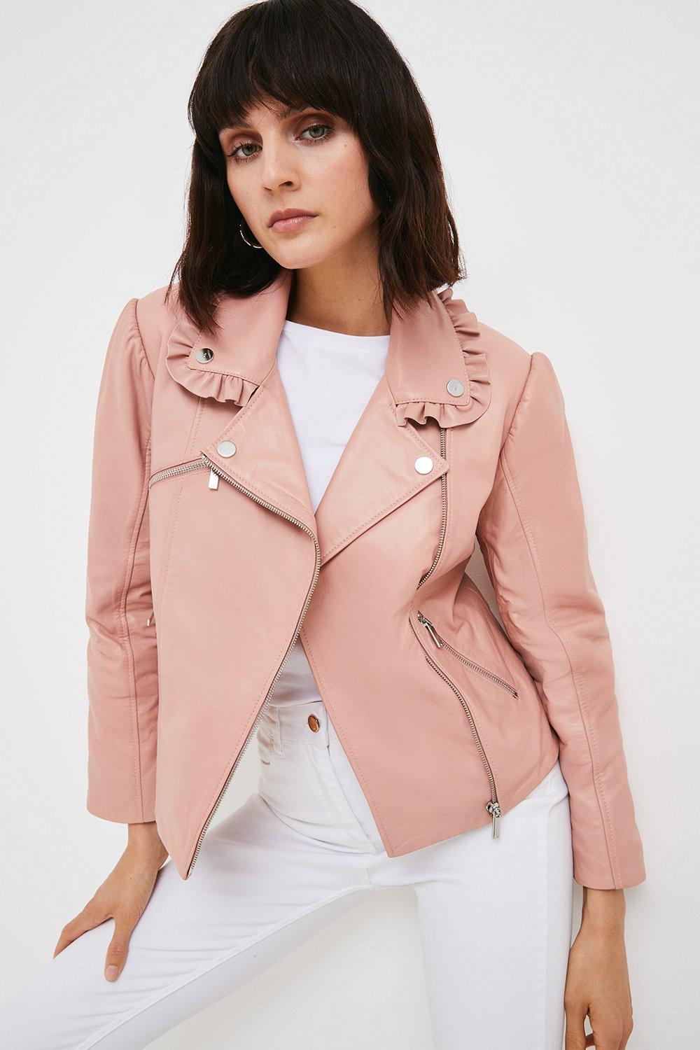 Karen Millen Leather Frill Collar Biker Jacket -, Pink