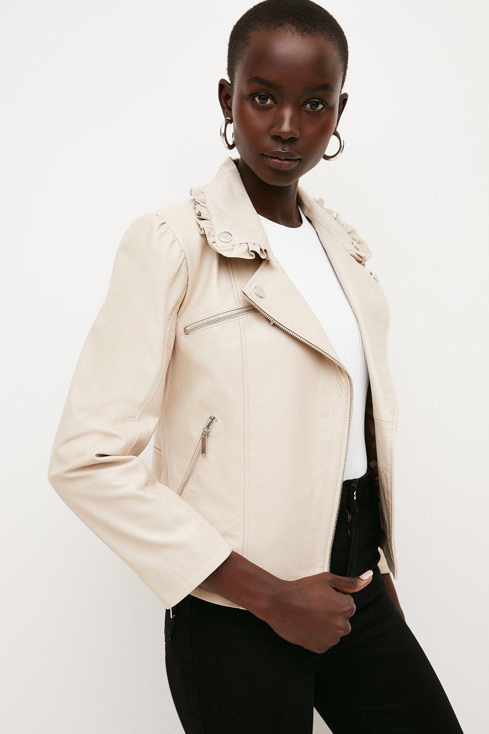 Karen Millen Leather Frill Collar Biker Jacket -, Cream