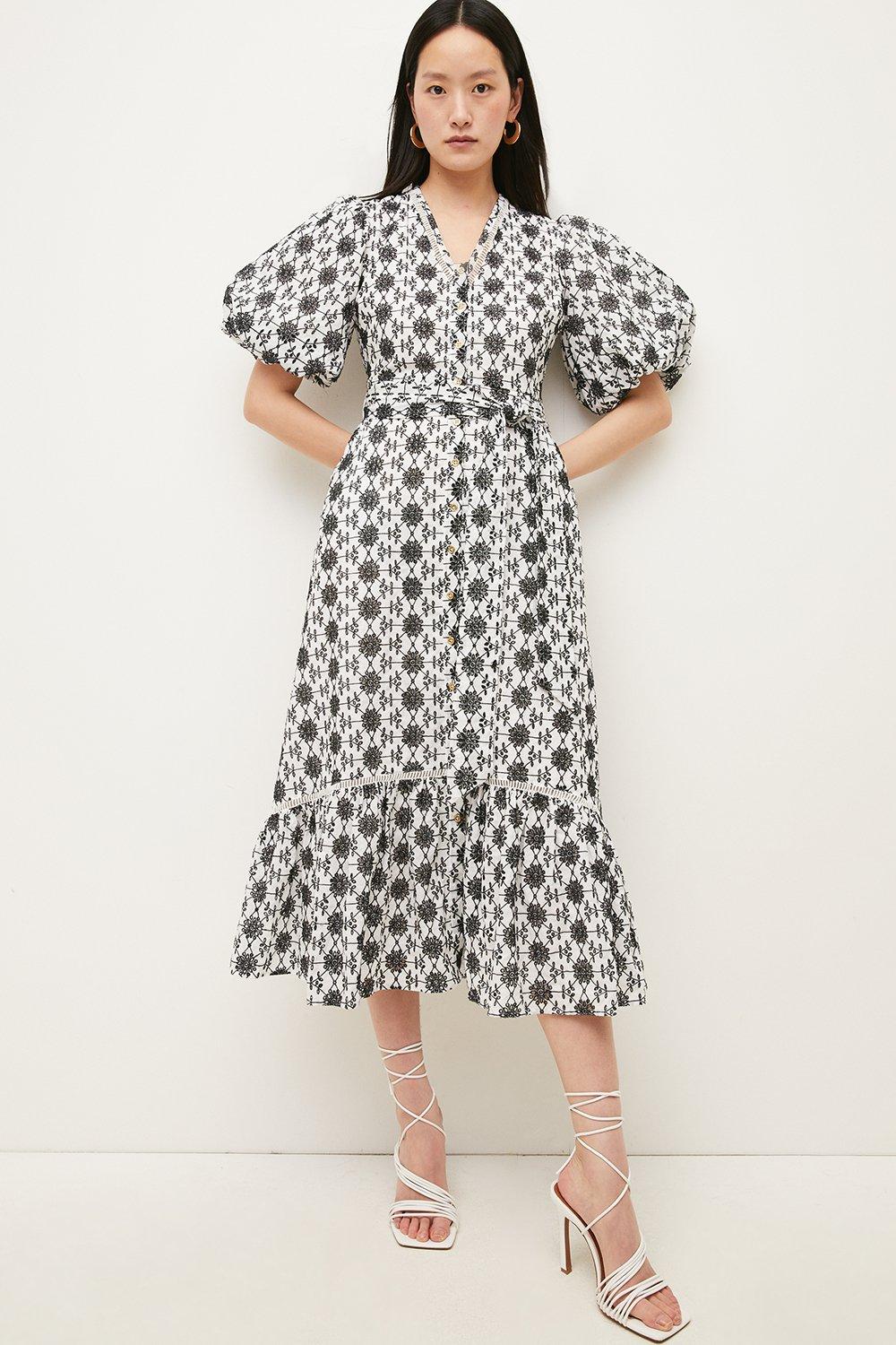 Karen Millen Contrast Cotton Broderie Belted Midi Dress -, Mono