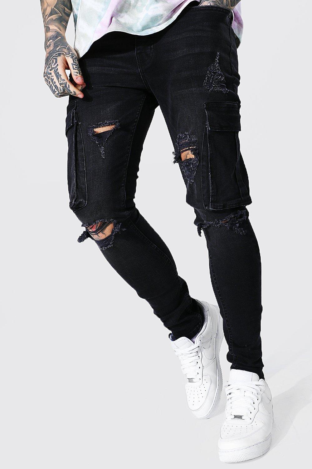 Boohoo Super Skinny Multi Rip Cargo Jeans, Washed Black
