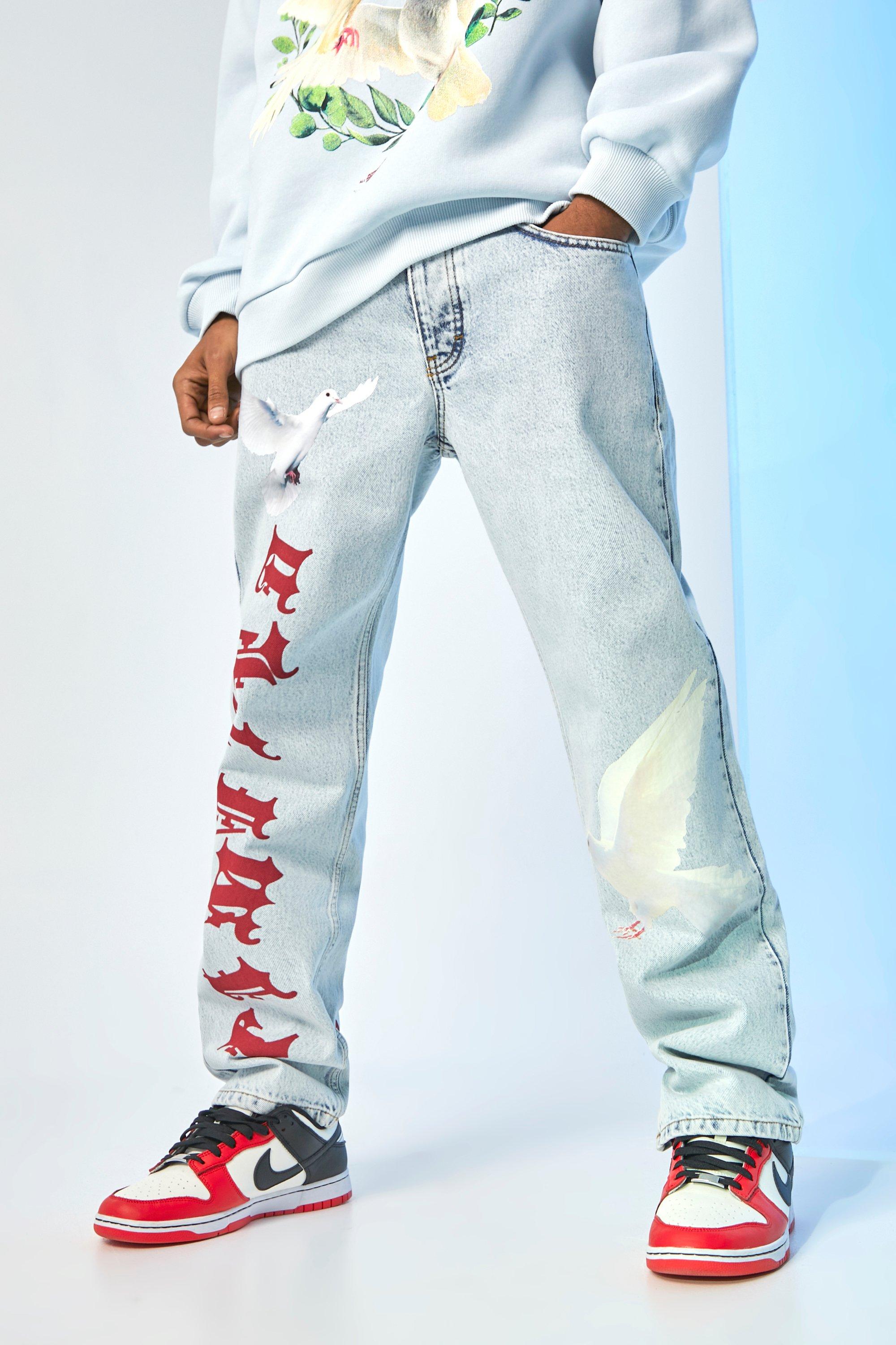 Mens Ice Blue Relaxed Fit Text Dove Print Jean product